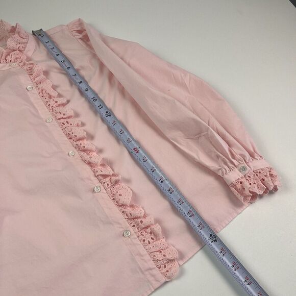 Pink Ruffled Lace Trim Button Front Blouse M Cottagecore Edwardian Romantic Top - Picture 6 of 9